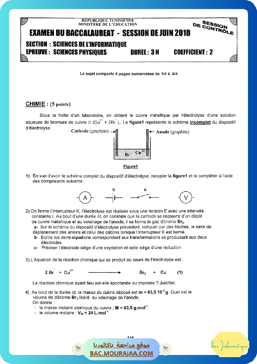 Sujet controle physique Bac 2010 – Section info